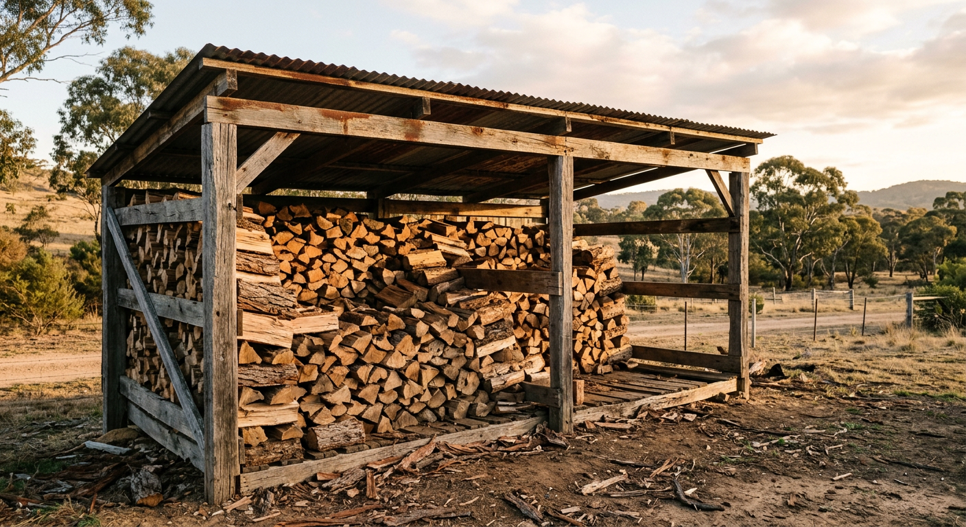 Split firewood stacked under a corrugated iron wood shed